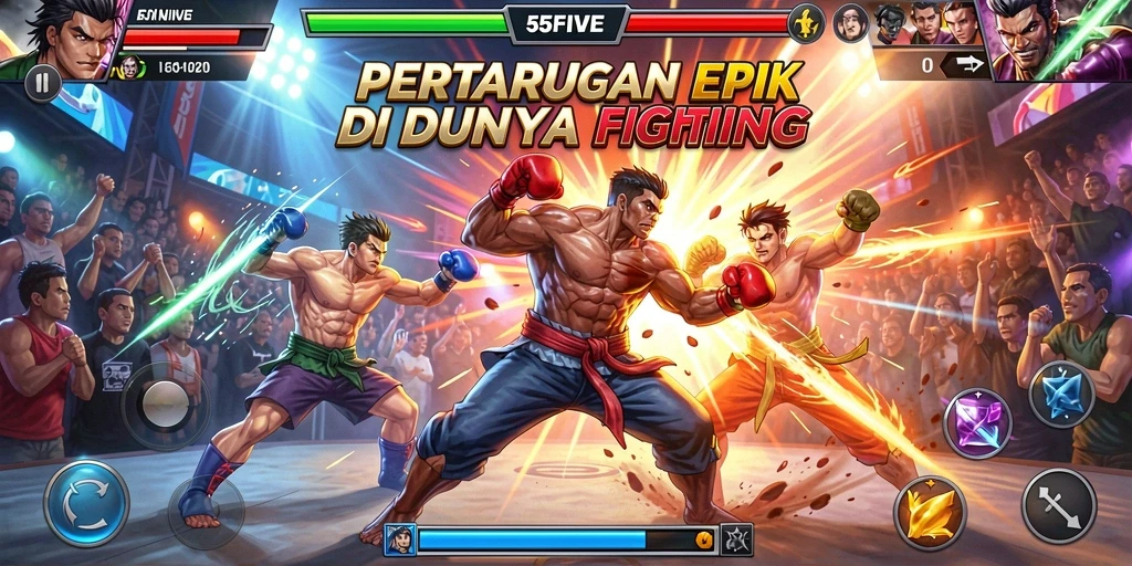 Screenshot gameplay 55FIVE menampilkan aksi pertarungan yang intens.