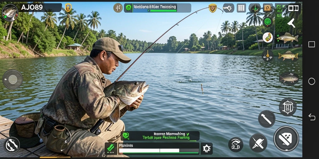 Gameplay AJO89 menampilkan aksi memancing yang seru dan menantang.