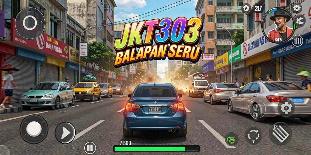 Screenshot JKT303 menampilkan aksi balapan yang seru di jalanan kota.