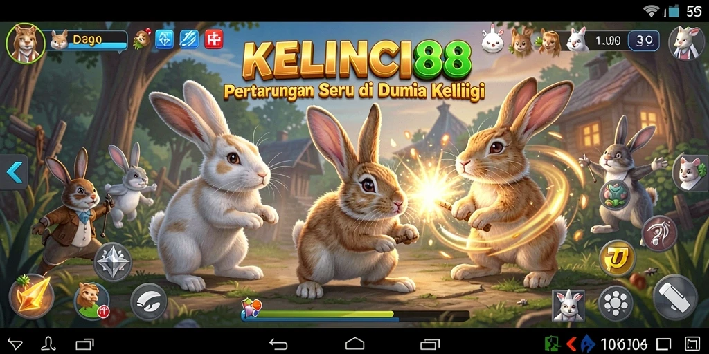 Screenshot KELINCI88 menampilkan aksi pertarungan kelinci yang energik dan penuh warna.