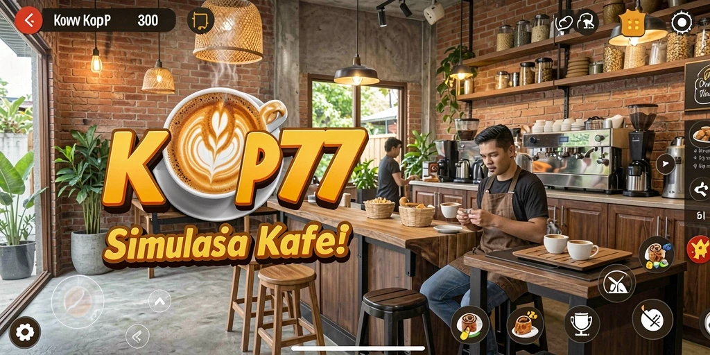 Screenshot gameplay KOPI77 yang menampilkan suasana kafe yang ceria.