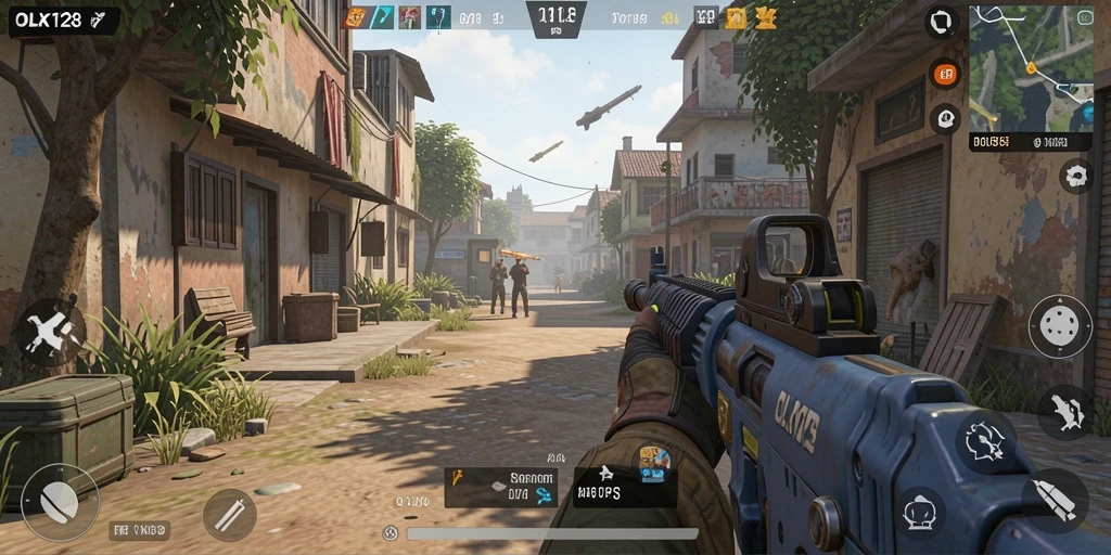 Tampilan mendebarkan dari gameplay OLX128 dalam pertempuran FPS.