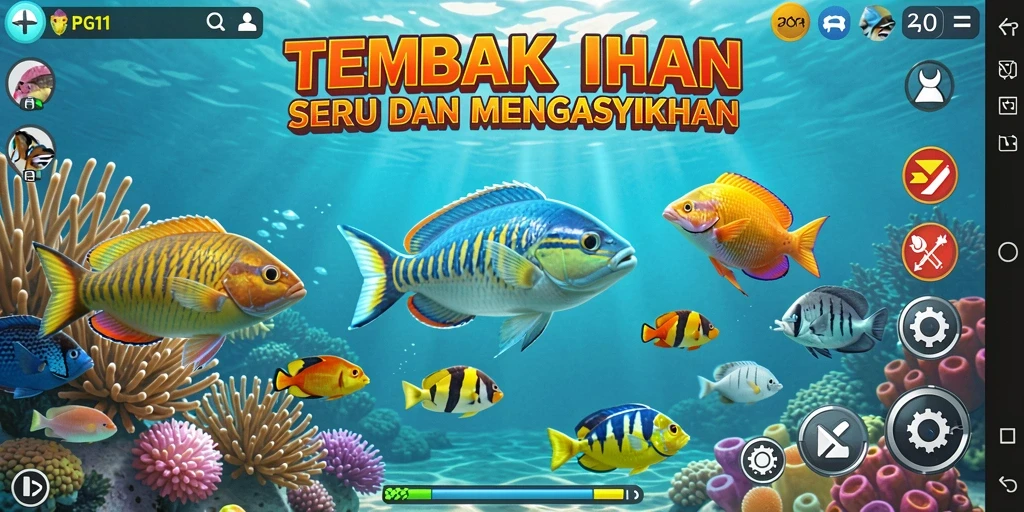 Screenshot PG11 menampilkan aksi tembak ikan yang penuh warna dan seru.