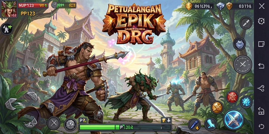 Tangkapan layar gameplay PP123 yang menampilkan pertarungan epik dan eksplorasi dunia.