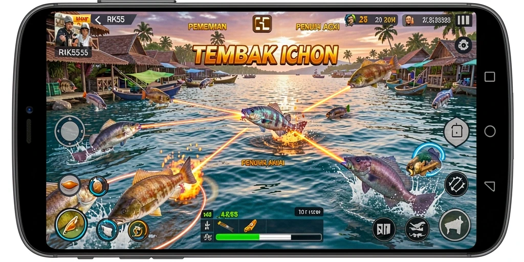 Tampilan gameplay RK55 dengan aksi seru Tembak Ikan.