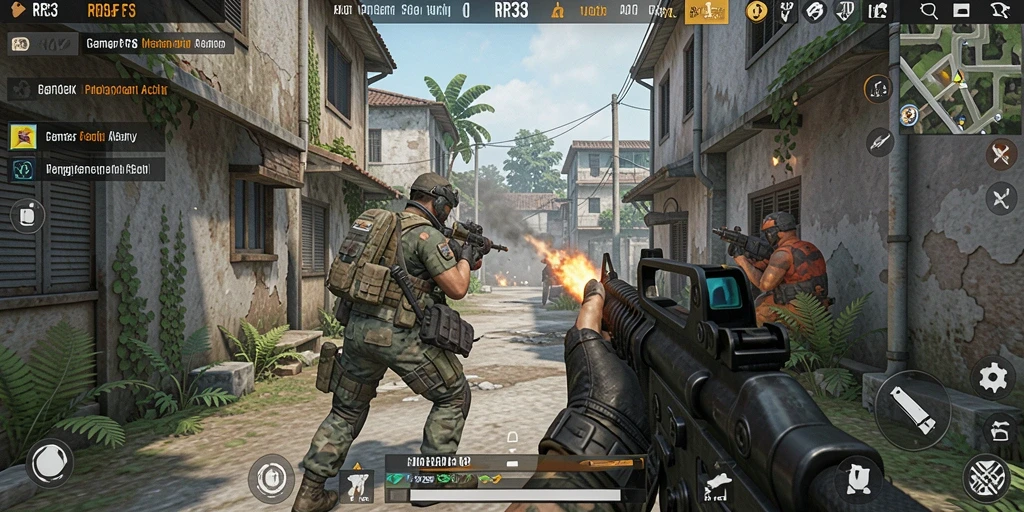 Screenshot gameplay RR33 menunjukkan aksi menembak yang intens dan grafis menawan.