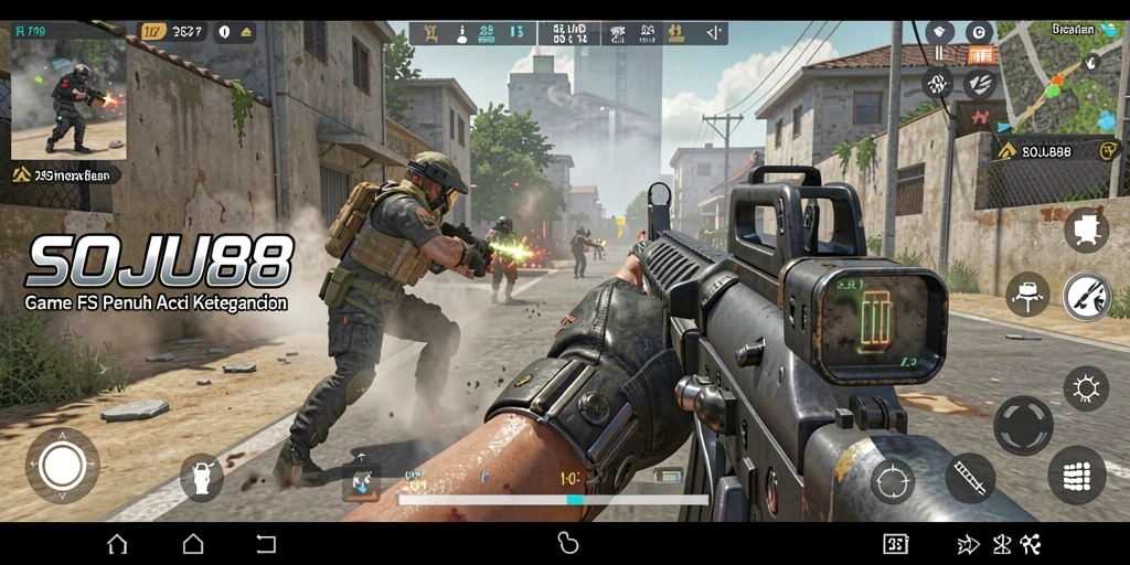 Tangkapan layar aksi tembak-menembak dalam game FPS SOJU88.