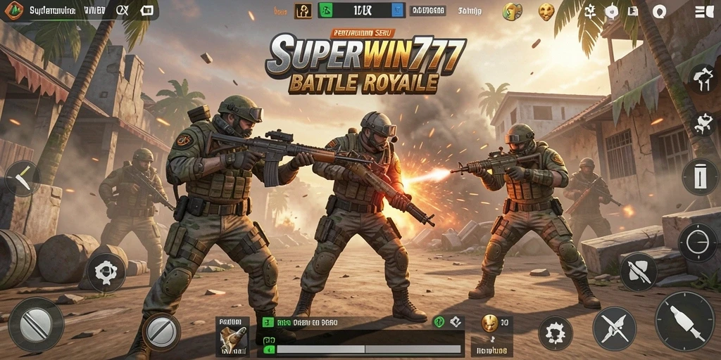 Tangkapan layar utama SUPERWIN777 menampilkan pertempuran intens dalam mode Battle Royale.