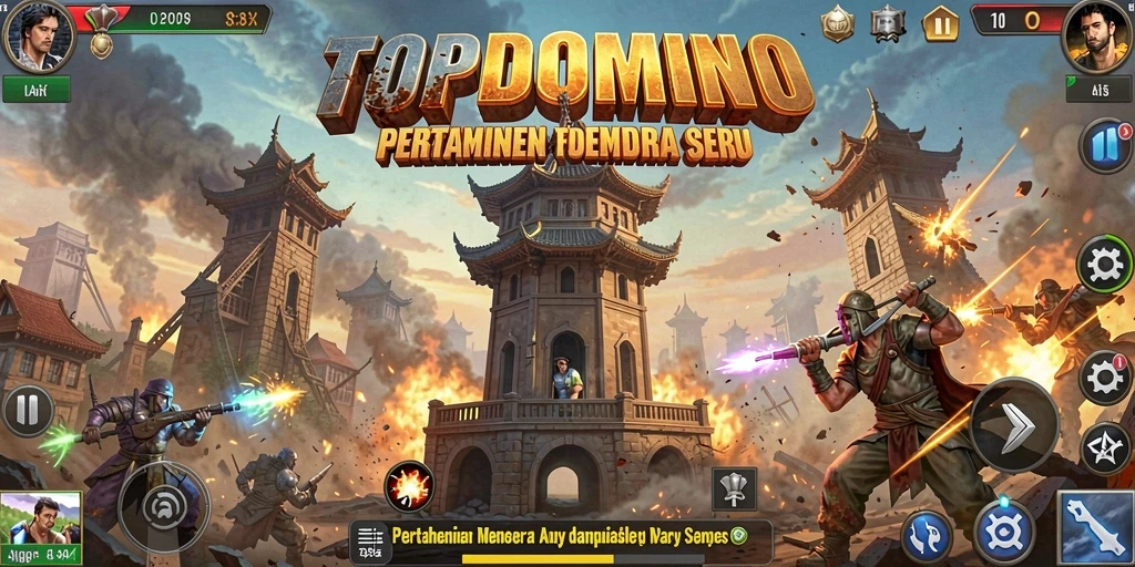 Screenshot gameplay TOPDOMINO menampilkan pertempuran seru Tower Defense.