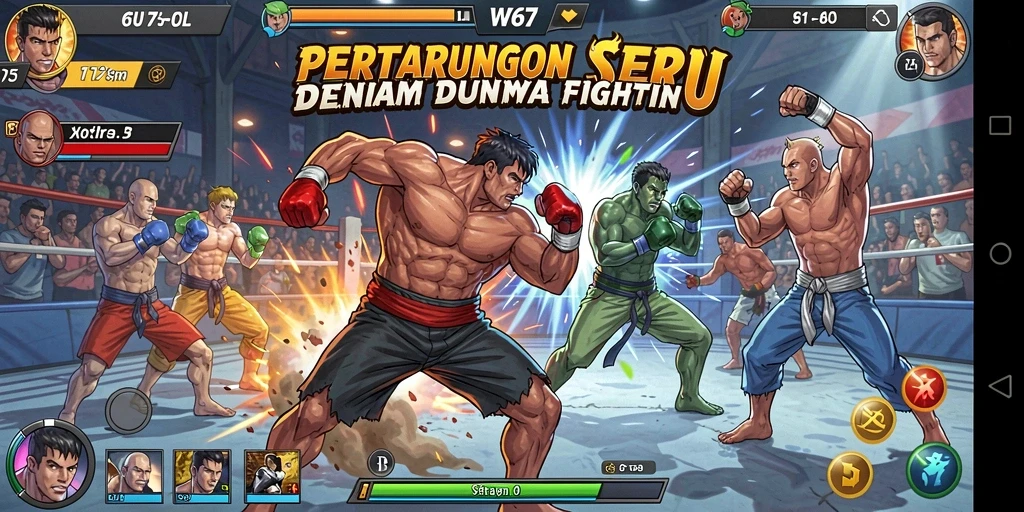 Screenshot W67 menampilkan karakter bertarung dalam arena yang dinamis.